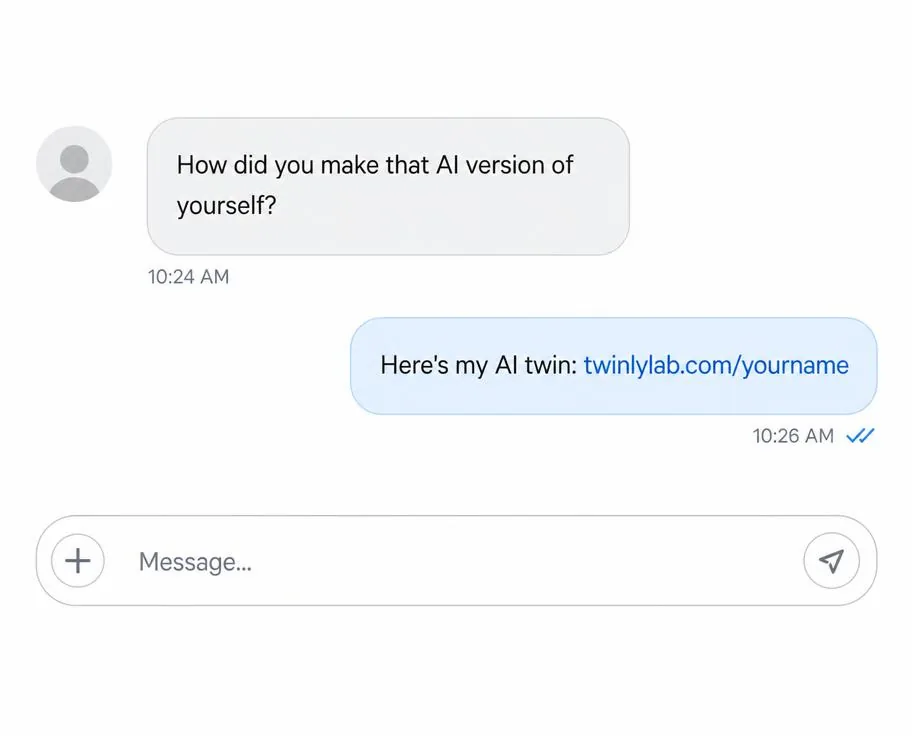 Direct message thread sharing an AI twin link