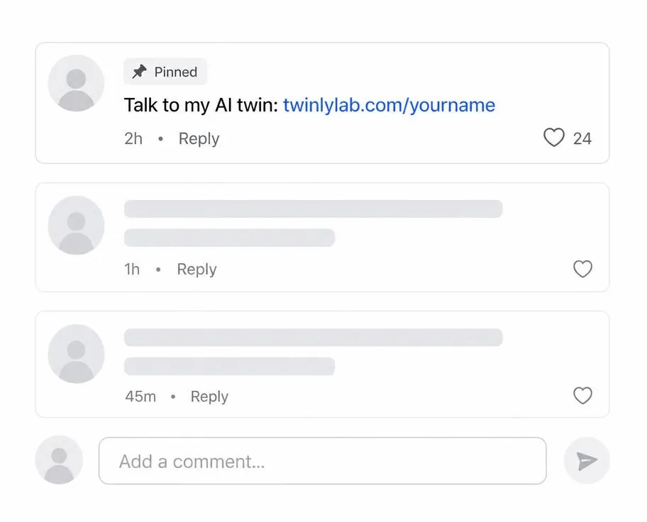 Pinned comment under a post containing an AI twin link