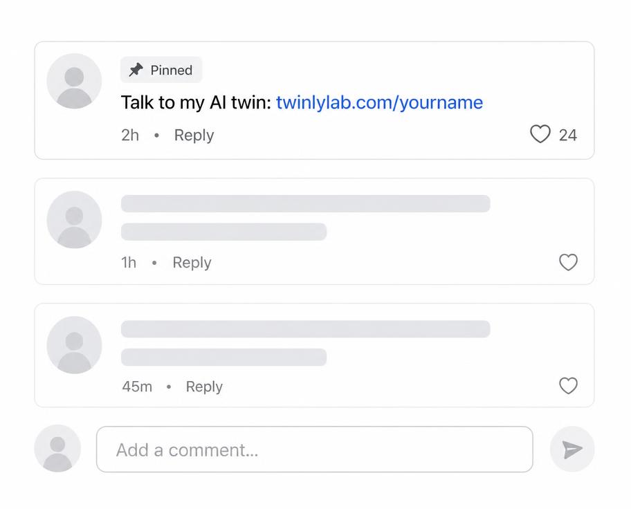Pinned comment under a post containing an AI twin link